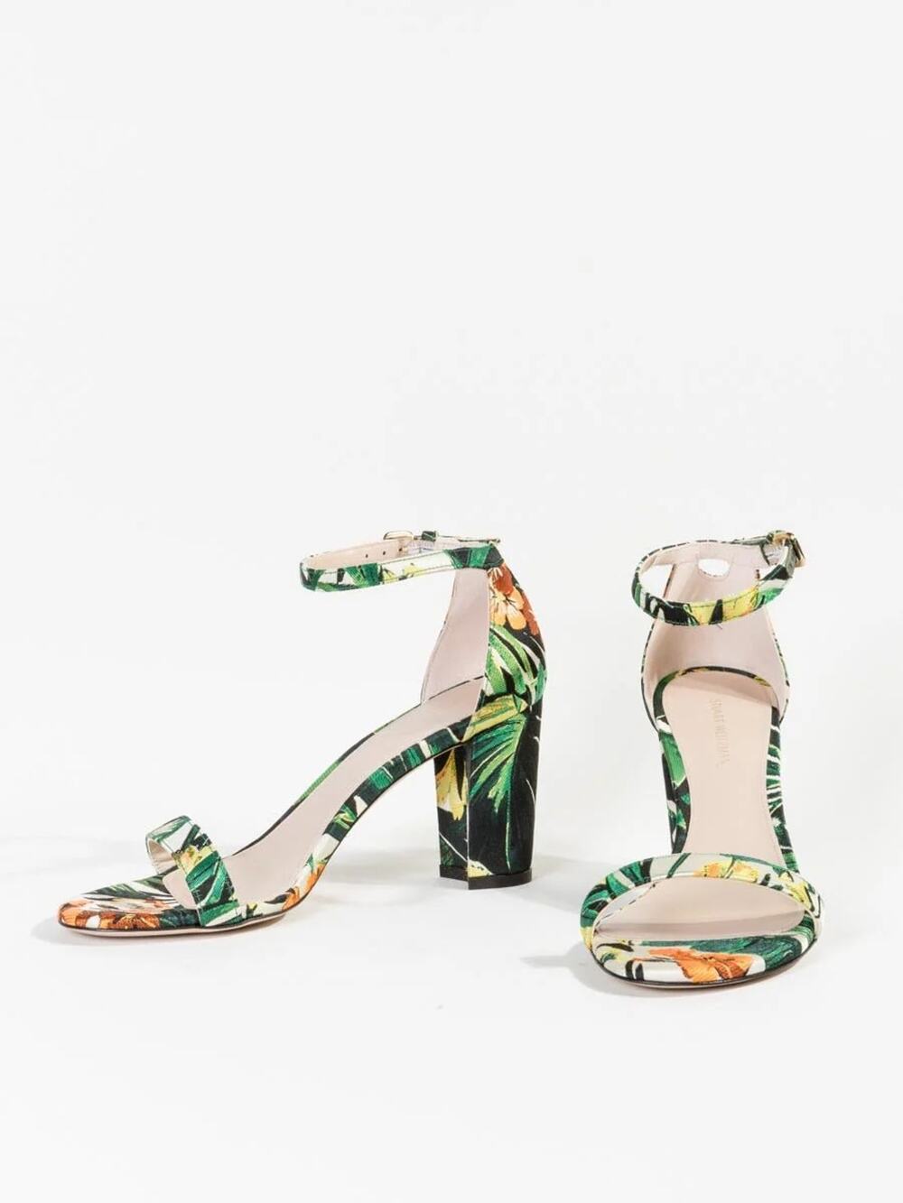 Stuart Weitzman Nearlynude Tropical Print Block Heel Strappy Sandals Size 8.5